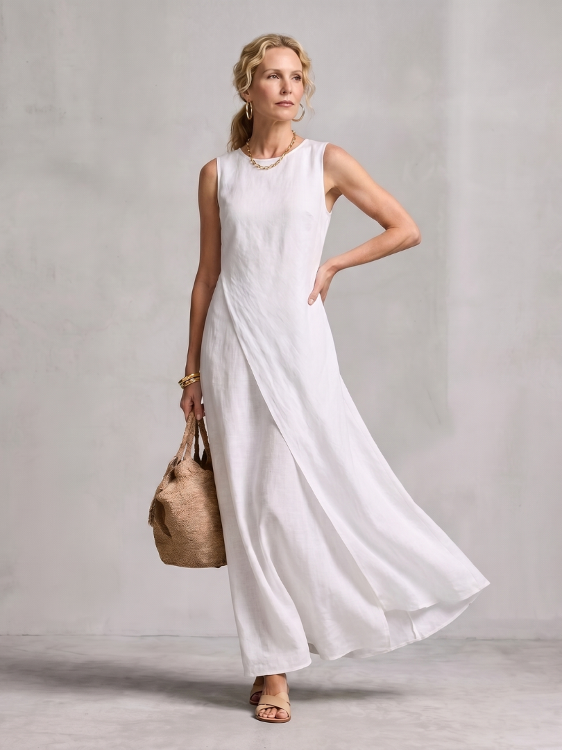 Dorvelli | Women's Maxi Dress – Asymmetric Layered Round Neck