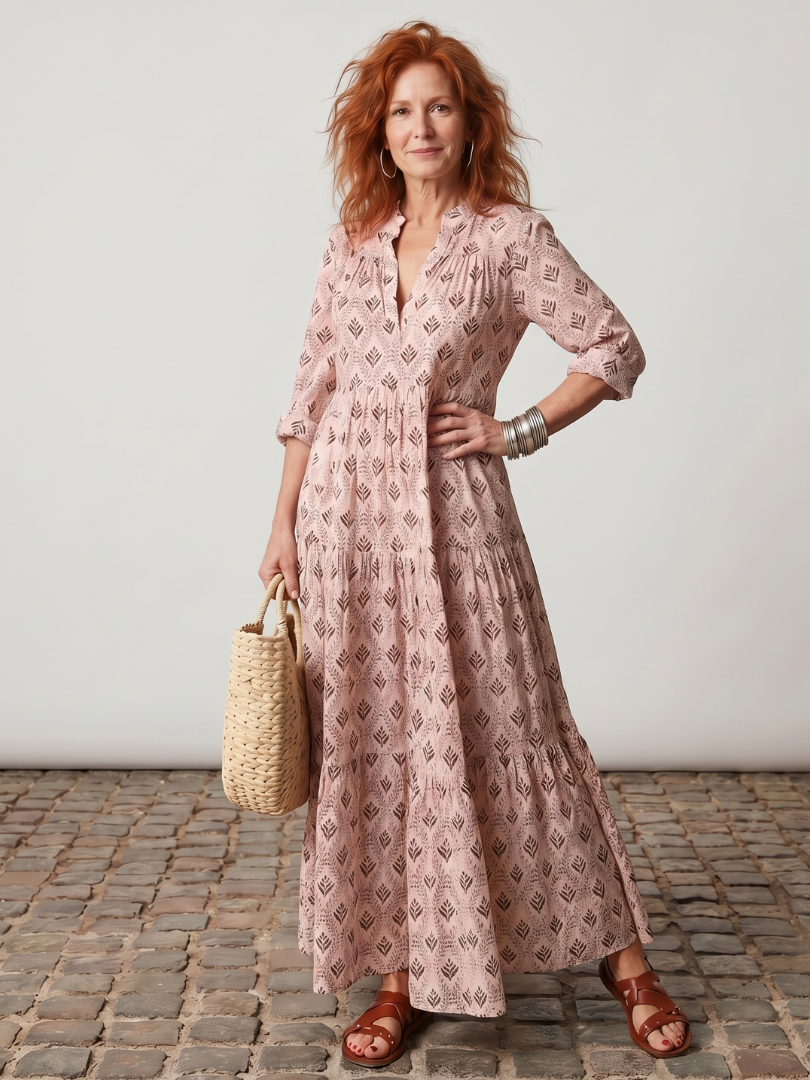 Dorvelli | Women's Maxi Dress – Notch Neck Printed Long