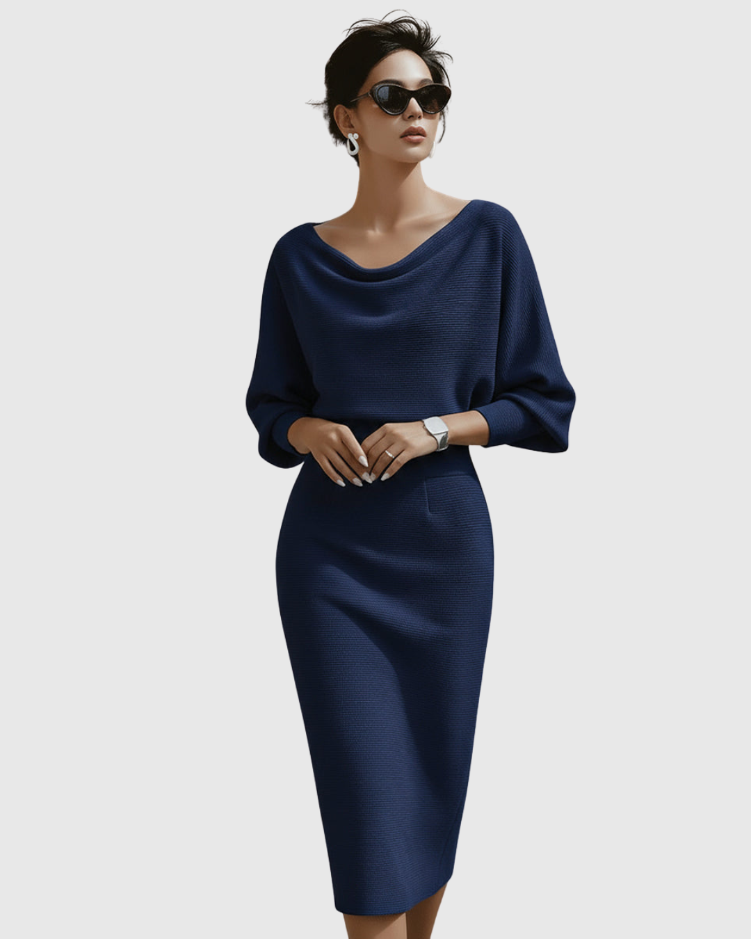 Dorvelli | Women's Midi Dress – White Draped Batwing