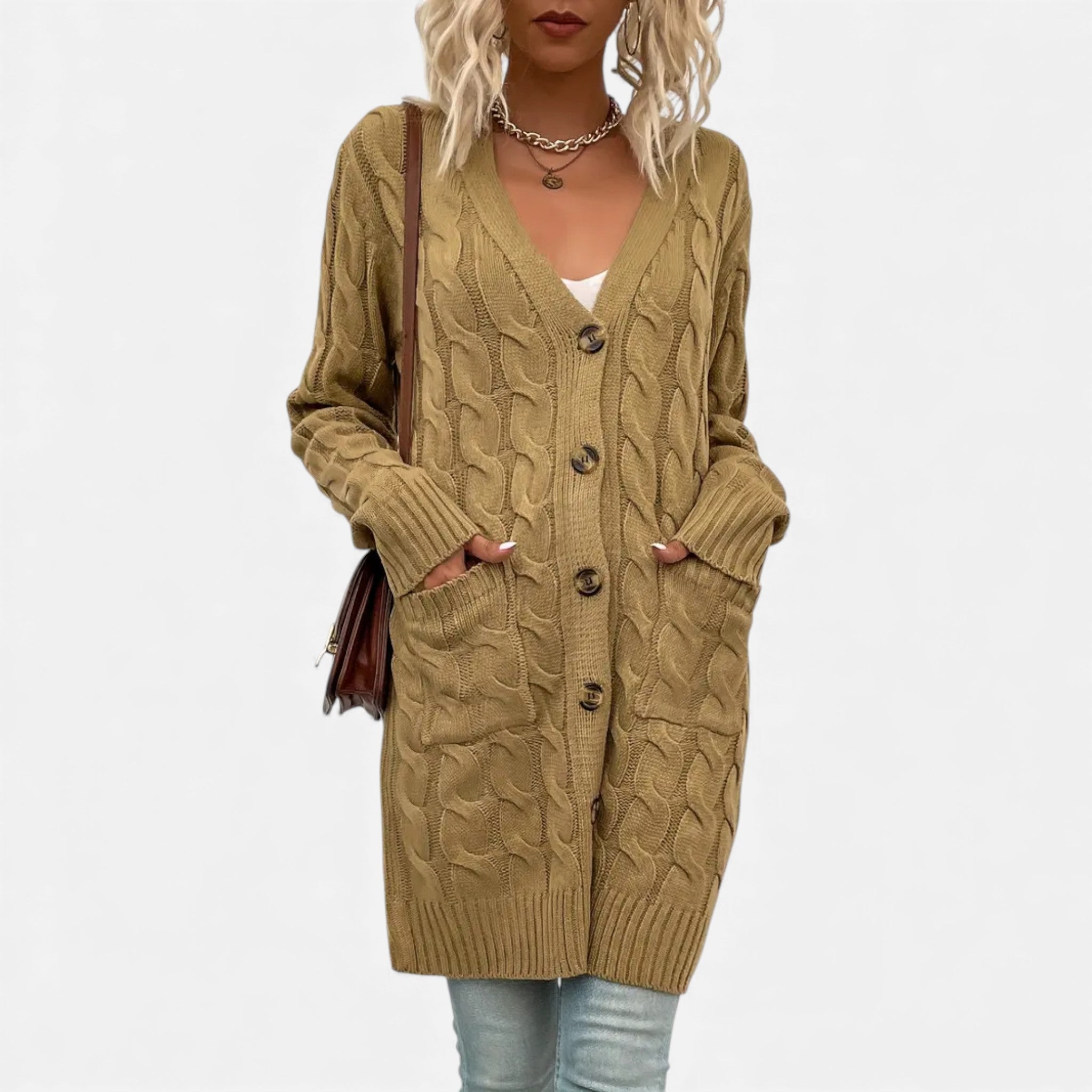 Dorvelli | Women’s Twisted Knit Long Cardigan – Vintage Buttoned Elegance