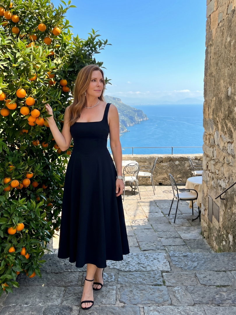 Dorvelli | Women's Midi Dress – Sleeveless Square Neck Flared