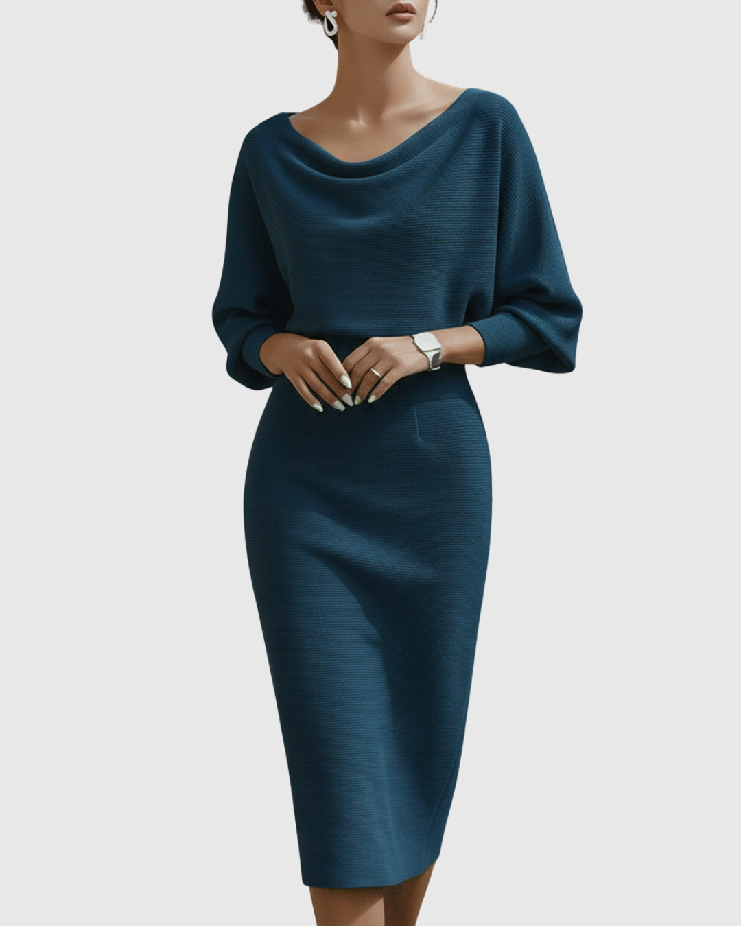 Dorvelli | Women's Midi Dress – White Draped Batwing