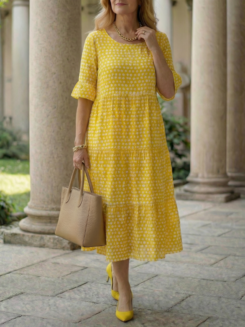 Dorvelli | Women's Midi Dress – Polka Dot Tiered Sleeve