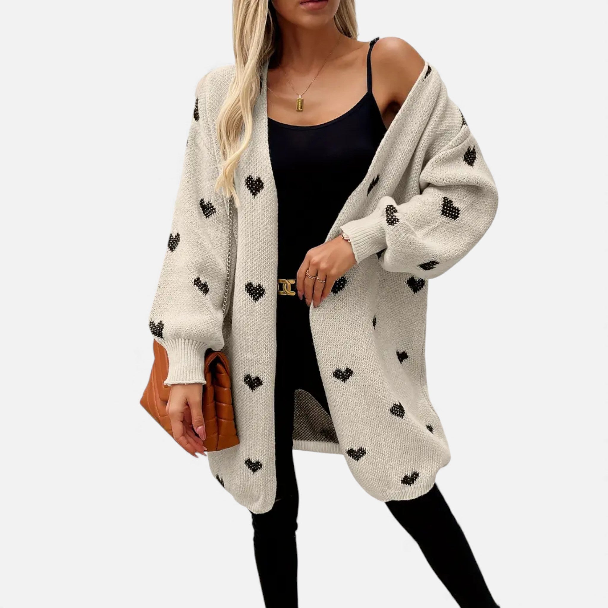 Dorvelli | Women’s V-Neck Knit Cardigan – Heart Pattern Elegance