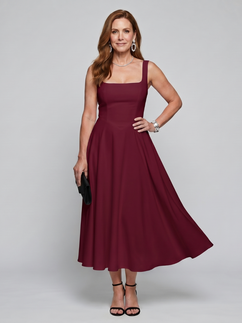 Dorvelli | Women's Midi Dress – Sleeveless Square Neck Flared