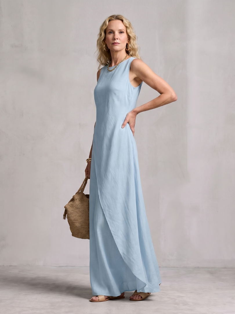 Dorvelli | Women's Maxi Dress – Asymmetric Layered Round Neck
