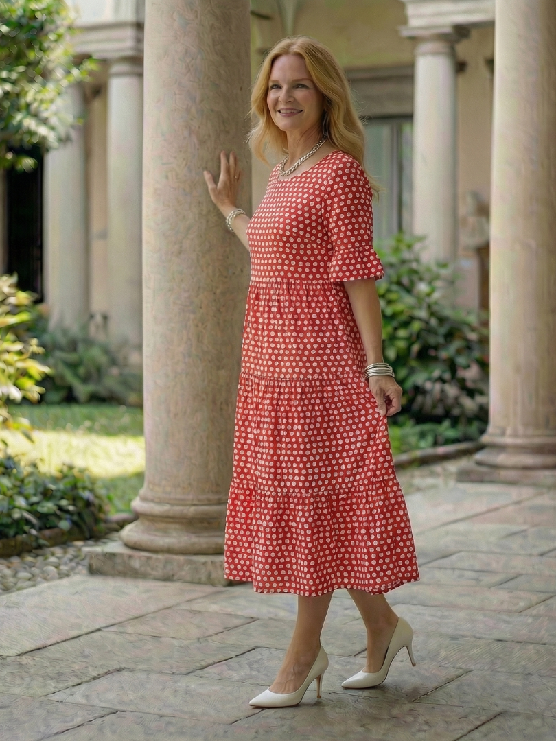 Dorvelli | Women's Midi Dress – Polka Dot Tiered Sleeve