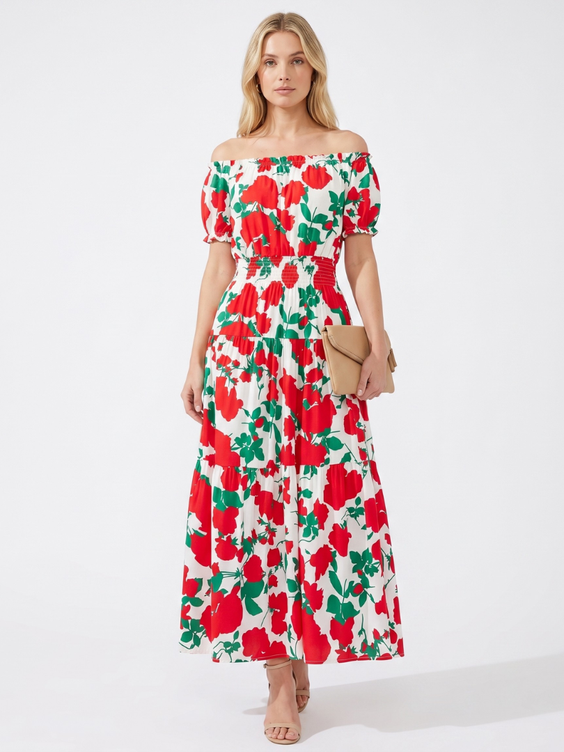 Dorvelli | Women's Maxi Dress – Off Shoulder Neckline Shirred