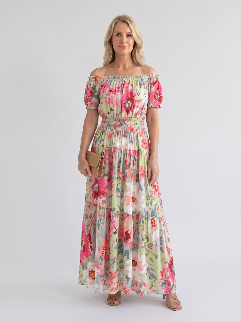 Dorvelli | Women's Maxi Dress – Off Shoulder Neckline Shirred