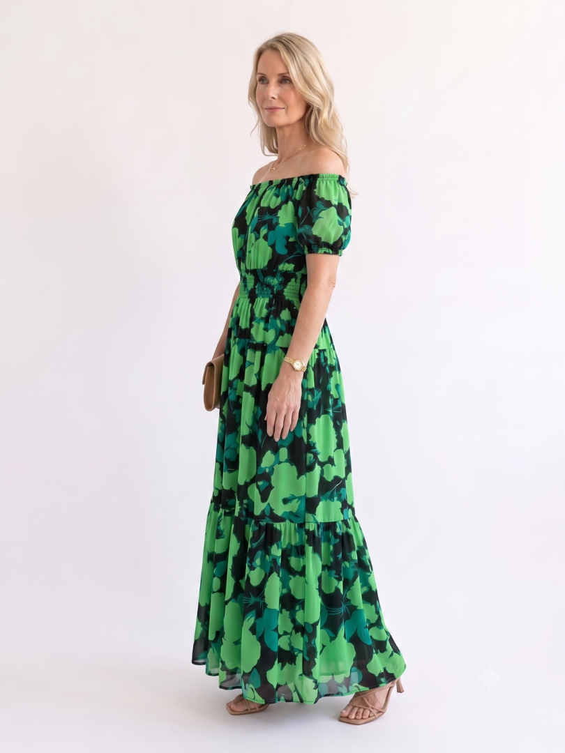 Dorvelli | Women's Maxi Dress – Off Shoulder Neckline Shirred