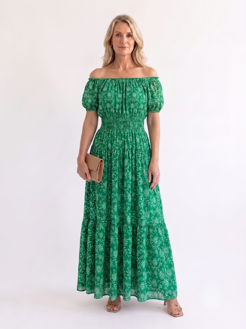 Dorvelli | Women's Maxi Dress – Off Shoulder Neckline Shirred