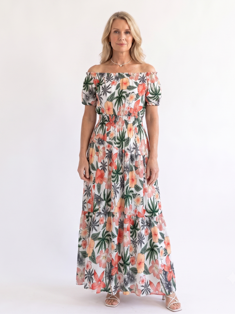 Dorvelli | Women's Maxi Dress – Off Shoulder Neckline Shirred