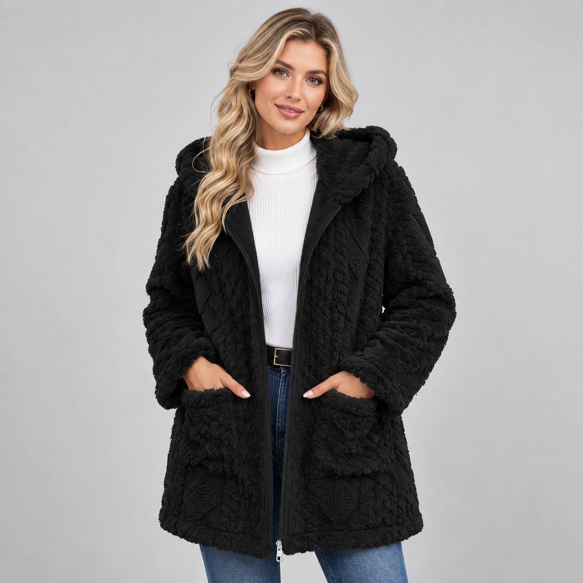 Dorvelli | Women's Hooded Jacket – Curled Pile Zip Up