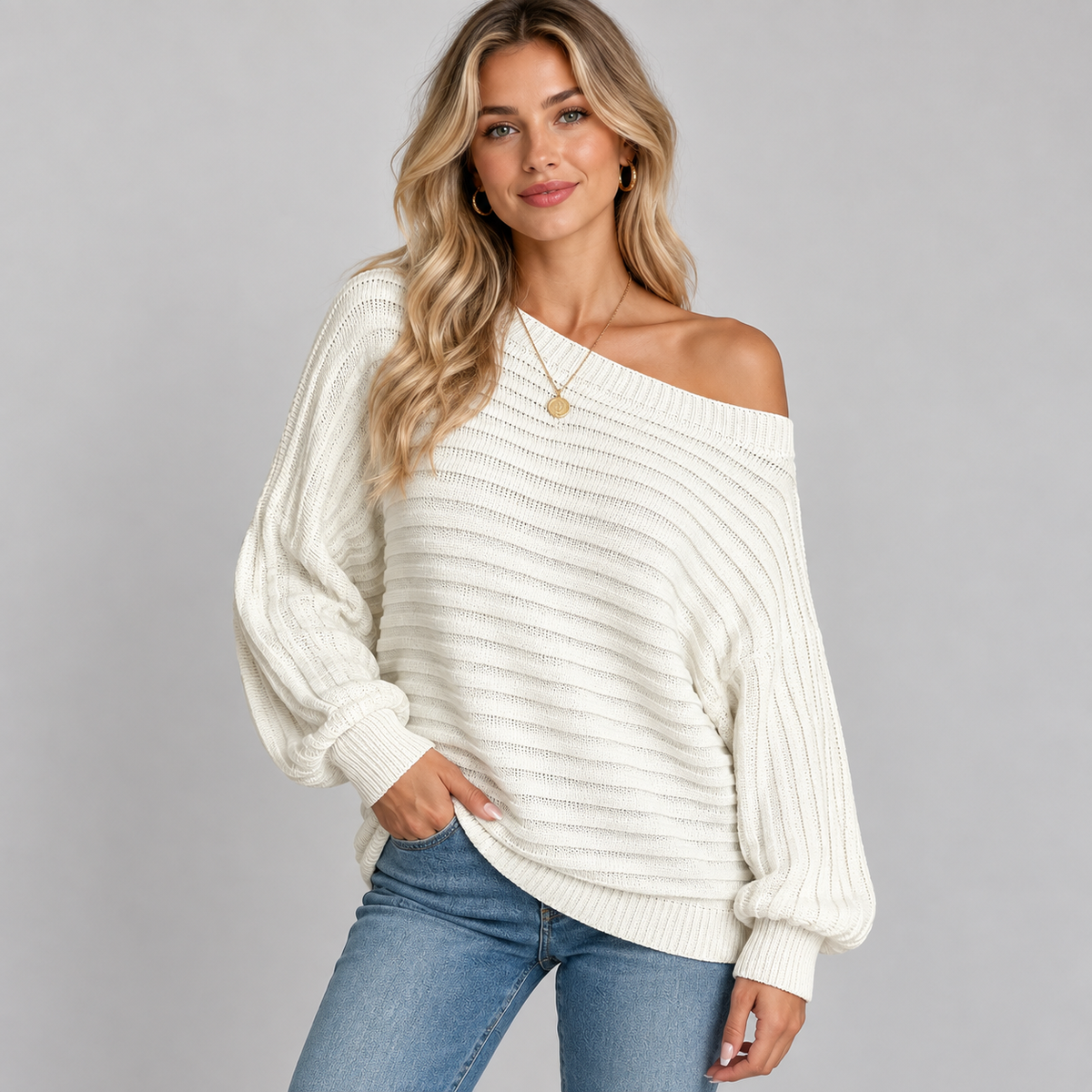 Dorvelli | Women's Jumper – Ribbed Batwing Off Shoulder