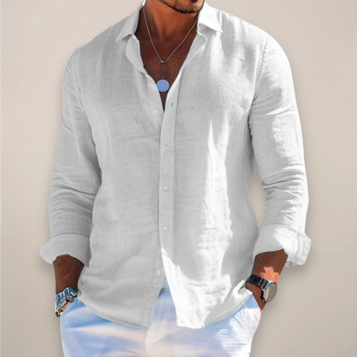 Dorvelli | Men's Linen Long-Sleeve Shirt – Classic Collar Relaxed Fit