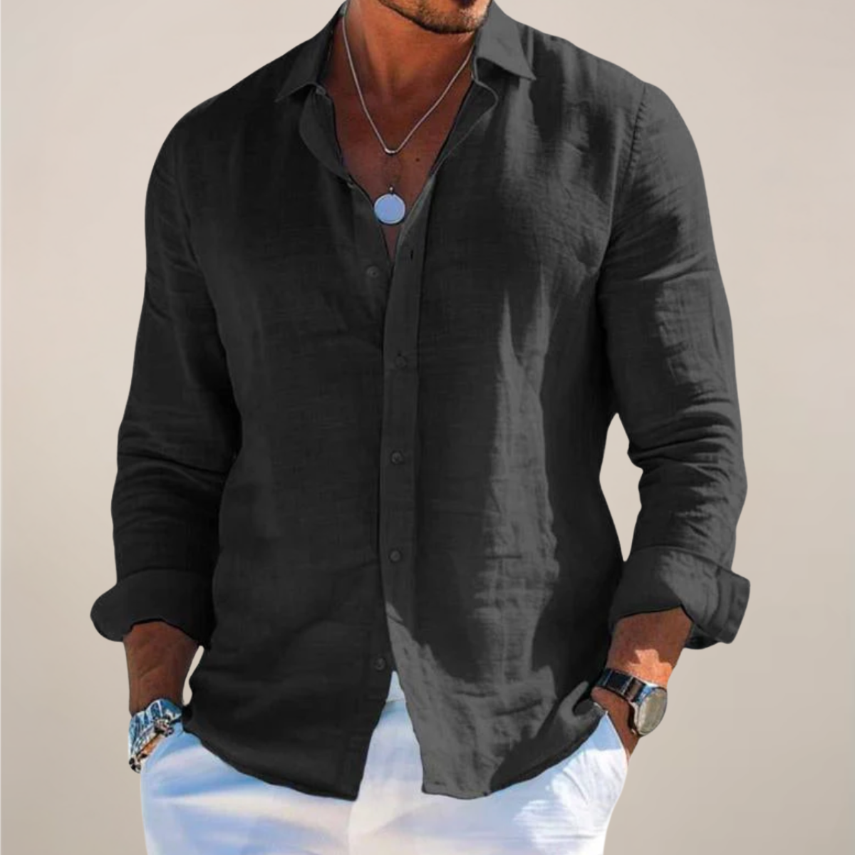 Dorvelli | Men's Linen Long-Sleeve Shirt – Classic Collar Relaxed Fit