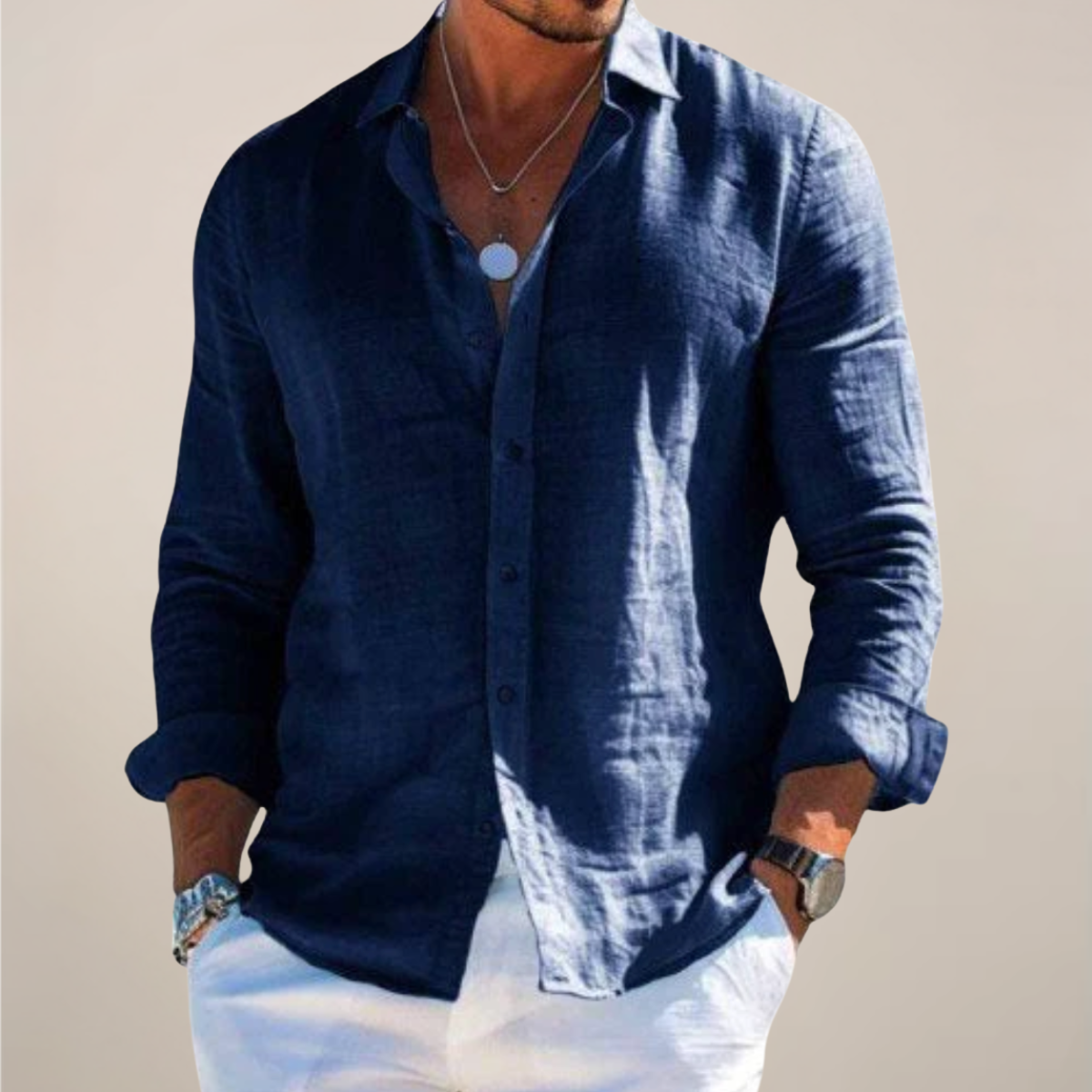 Dorvelli | Men's Linen Long-Sleeve Shirt – Classic Collar Relaxed Fit