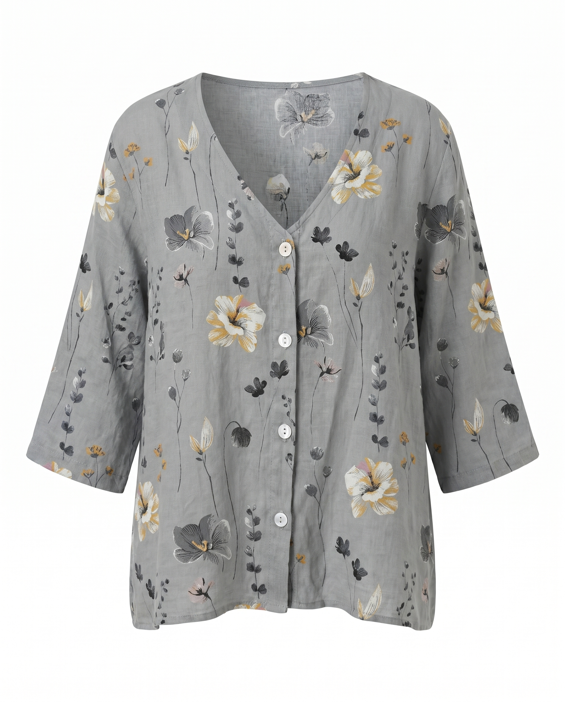 Dorvelli | Women's Floral Blouse – V-Neck Three-Quarter Sleeve