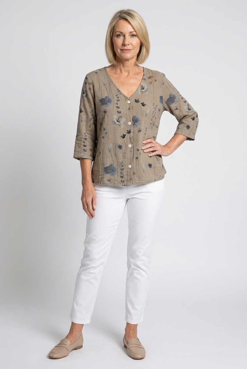 Dorvelli | Women's Floral Blouse – V-Neck Three-Quarter Sleeve