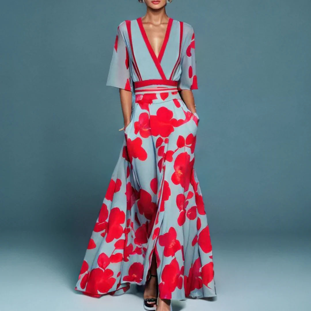 Dorvelli | Women's Floral Maxi Dress – Deep V-Neck Wrap Poppy Print