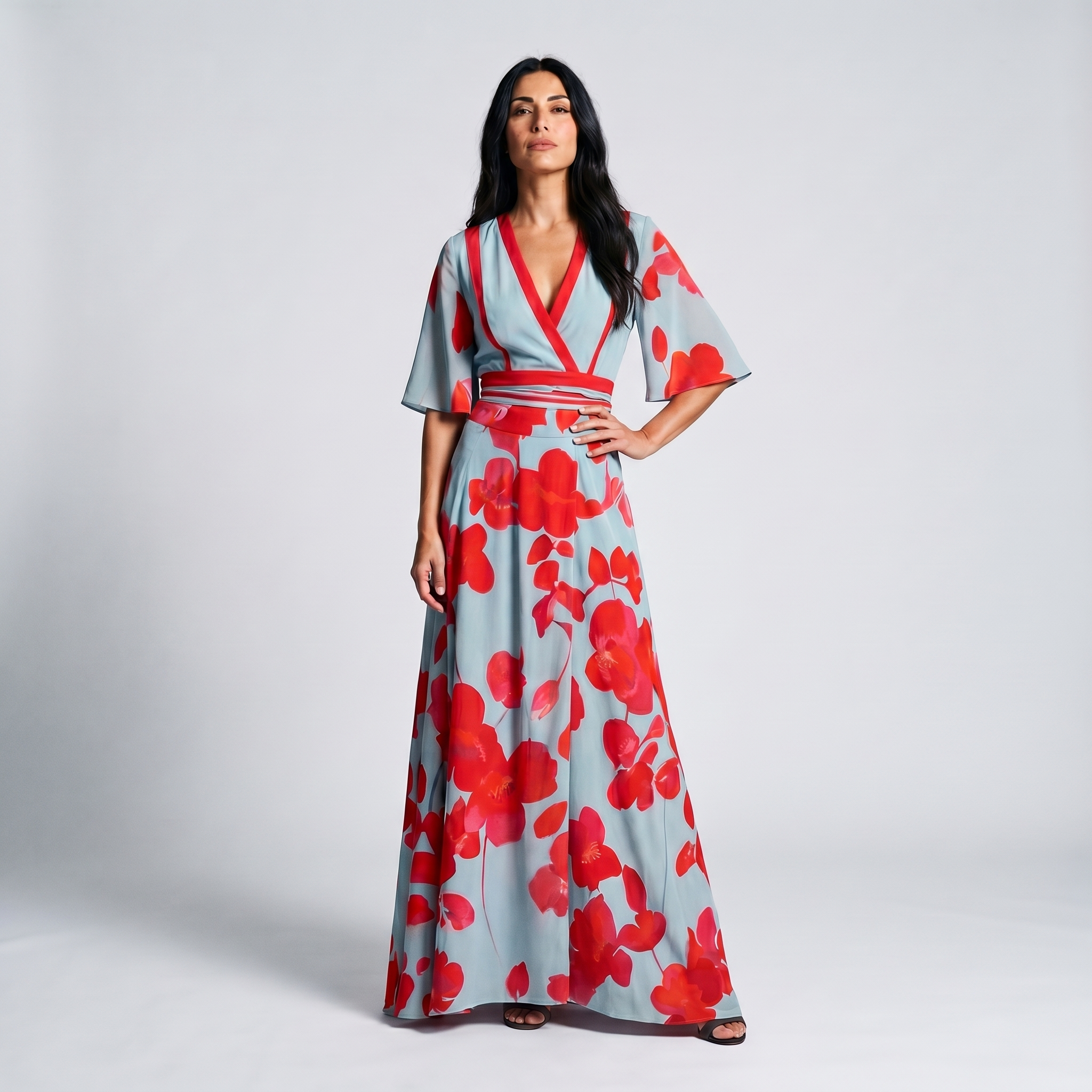 Dorvelli | Women's Floral Maxi Dress – Deep V-Neck Wrap Poppy Print
