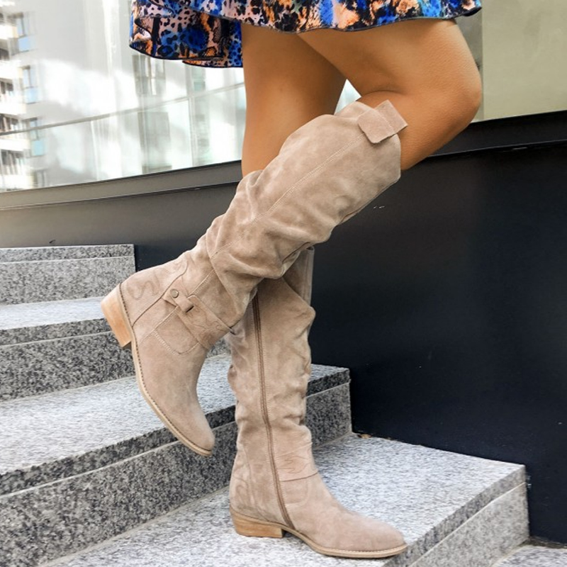 Dorvelli | Women's Knee-High Slouch Boots – Block Heel Buckle Detail