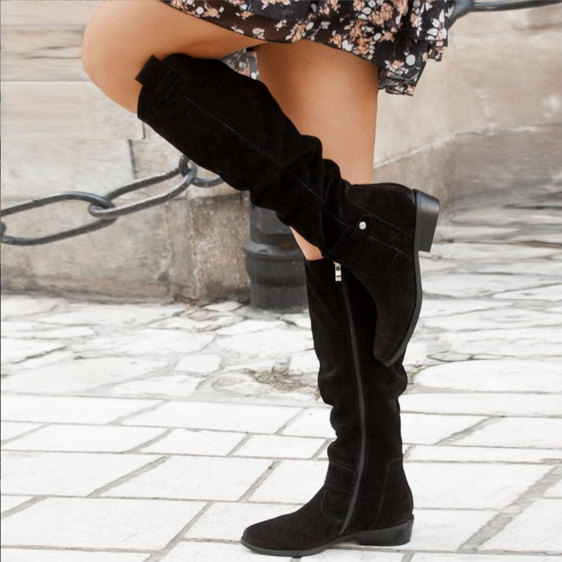 Dorvelli | Women's Knee-High Slouch Boots – Block Heel Buckle Detail