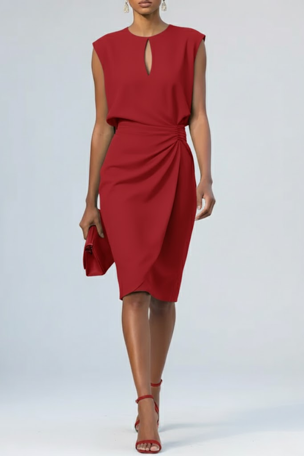 Dorvelli | Women's Midi Dress – Keyhole Neck Ruched Waist Elegance