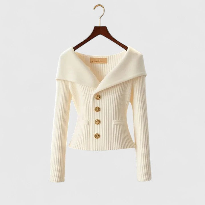 Dorvelli | Women's Off-Shoulder Knit Top – Gold Button Ribbed Sweater
