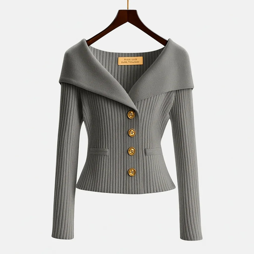 Dorvelli | Women's Off-Shoulder Knit Top – Gold Button Ribbed Sweater