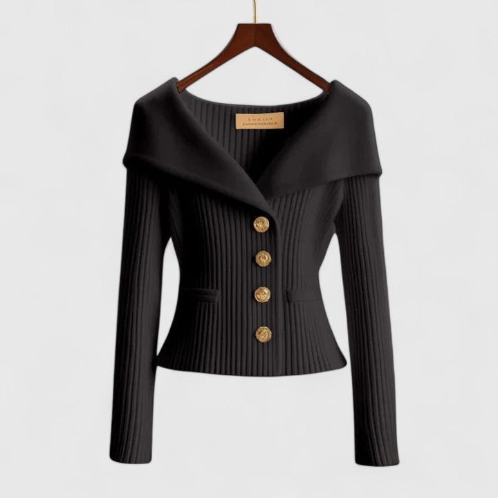 Dorvelli | Women's Off-Shoulder Knit Top – Gold Button Ribbed Sweater