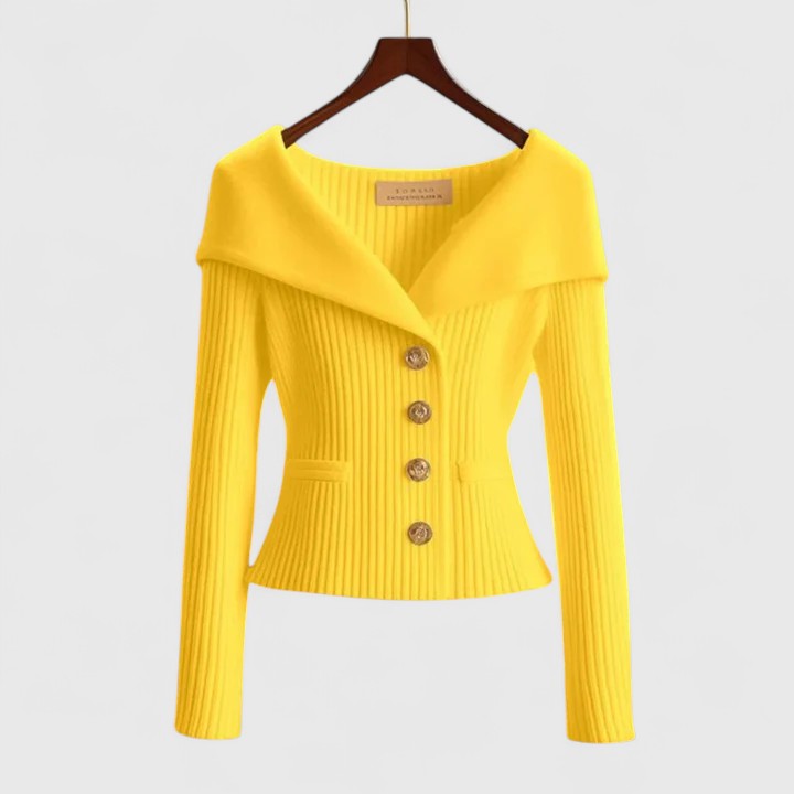 Dorvelli | Women's Off-Shoulder Knit Top – Gold Button Ribbed Sweater