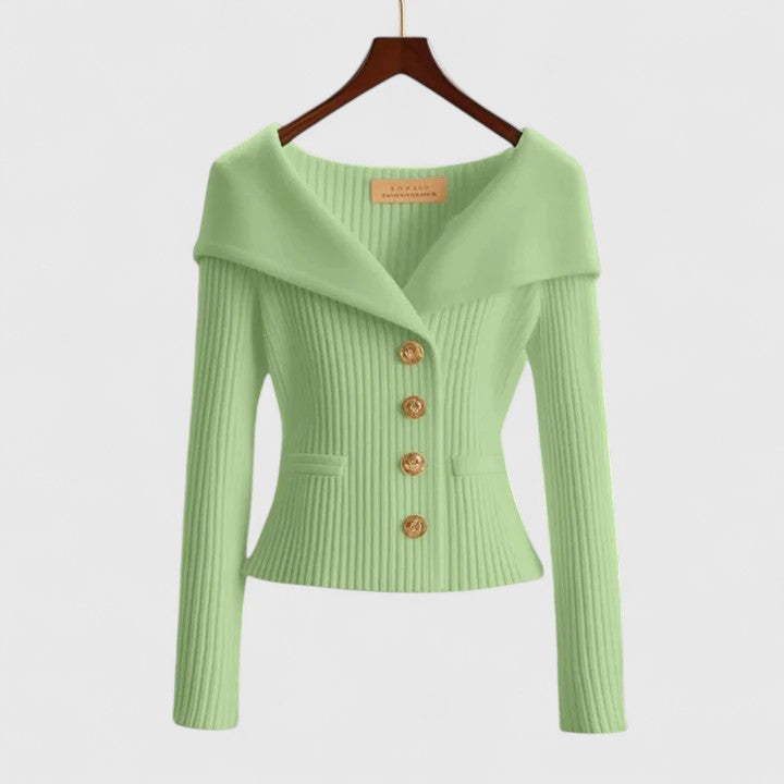 Dorvelli | Women's Off-Shoulder Knit Top – Gold Button Ribbed Sweater
