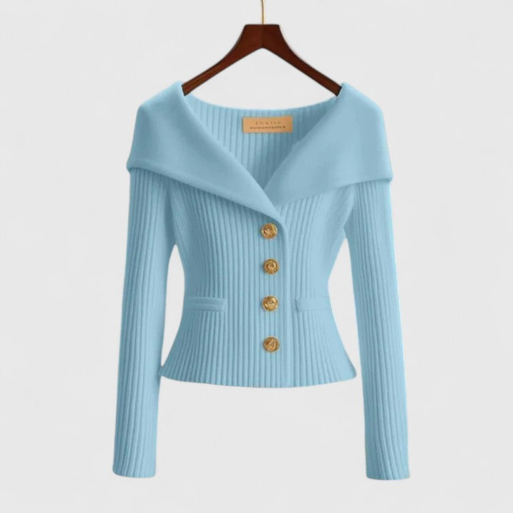 Dorvelli | Women's Off-Shoulder Knit Top – Gold Button Ribbed Sweater