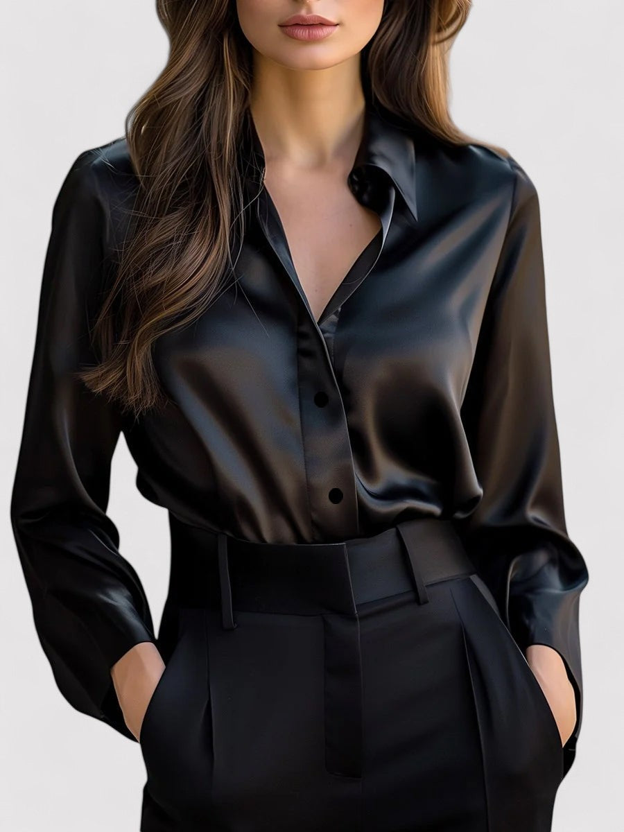 Dorvelli | Women's Satin Long-Sleeve Blouse – Fluid Drape Classic Collar