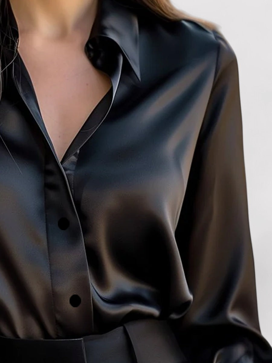 Dorvelli | Women's Satin Long-Sleeve Blouse – Fluid Drape Classic Collar