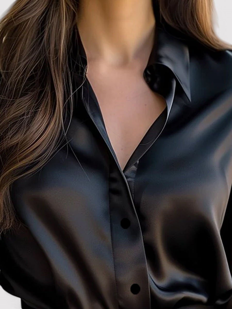 Dorvelli | Women's Satin Long-Sleeve Blouse – Fluid Drape Classic Collar