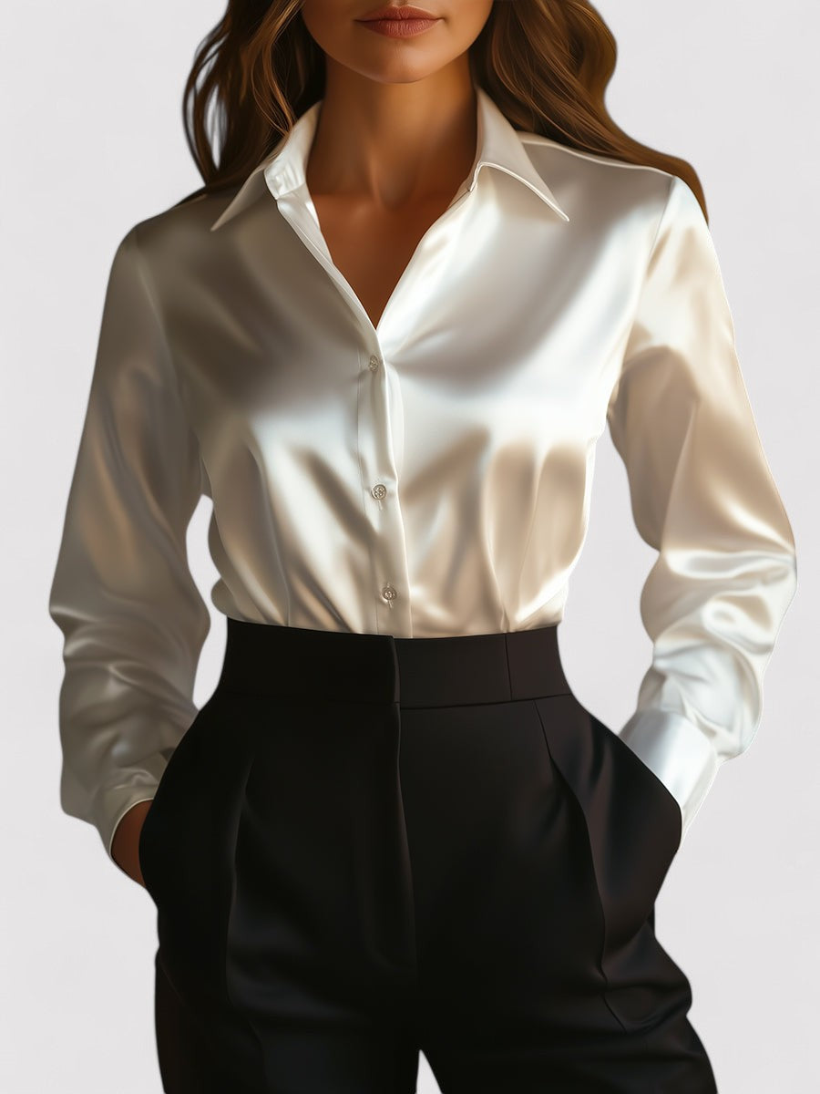 Dorvelli | Women's Satin Long-Sleeve Blouse – Fluid Drape Classic Collar
