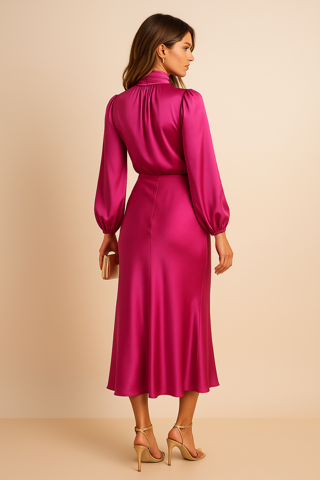 Dorvelli | Women's Satin Midi Dress – High Neck Balloon Sleeve Elegance