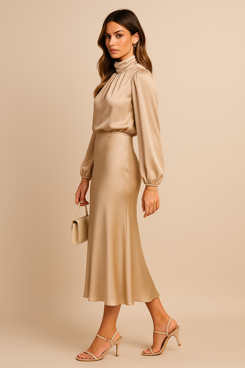 Dorvelli | Women's Satin Midi Dress – High Neck Balloon Sleeve Elegance