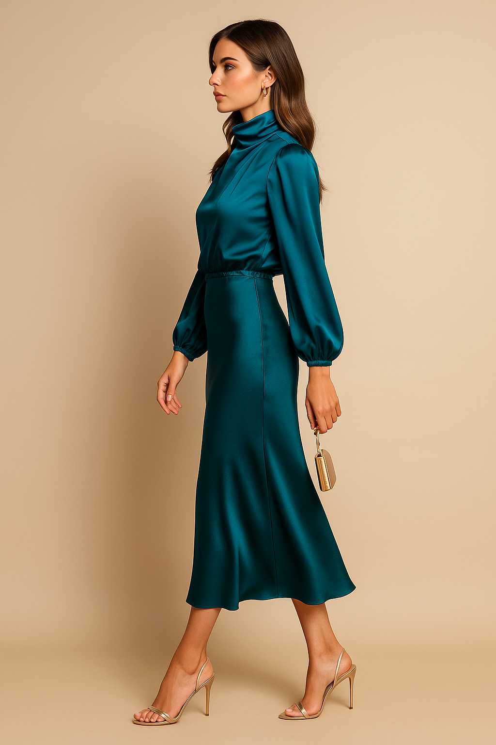 Dorvelli | Women's Satin Midi Dress – High Neck Balloon Sleeve Elegance