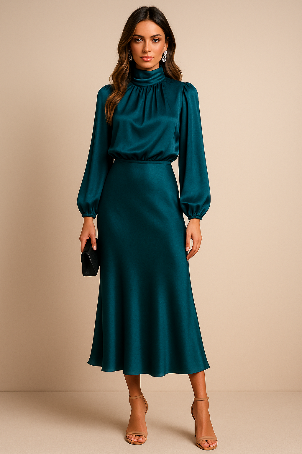 Dorvelli | Women's Satin Midi Dress – High Neck Balloon Sleeve Elegance