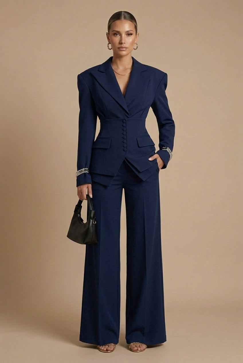Dorvelli | Women's Tailored Two-Piece Suit – Peaked Lapel Wide-Leg Elegance
