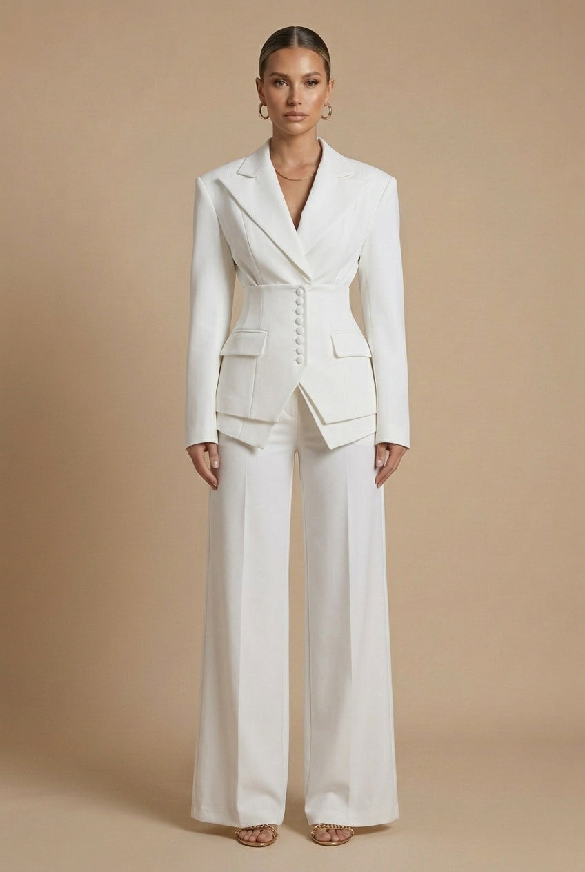 Dorvelli | Women's Tailored Two-Piece Suit – Peaked Lapel Wide-Leg Elegance
