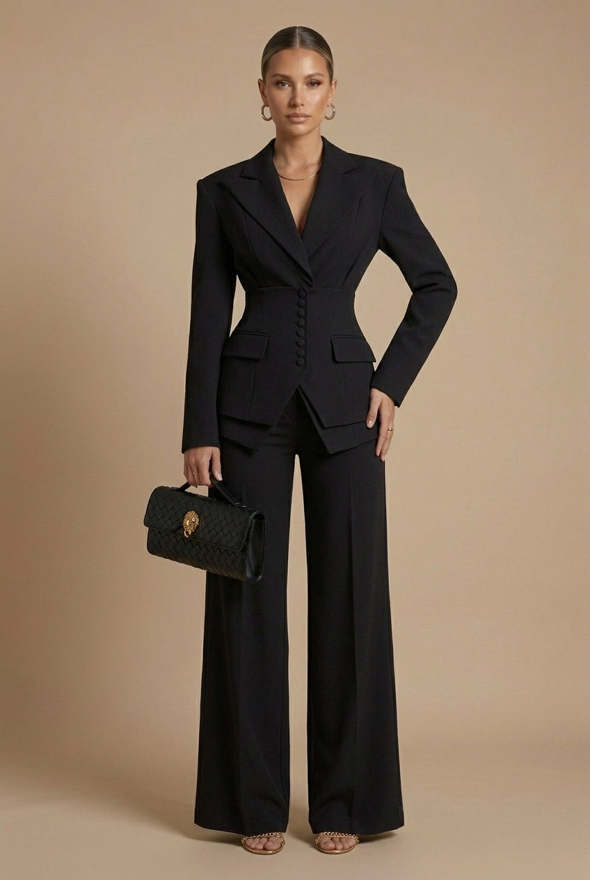 Dorvelli | Women's Tailored Two-Piece Suit – Peaked Lapel Wide-Leg Elegance