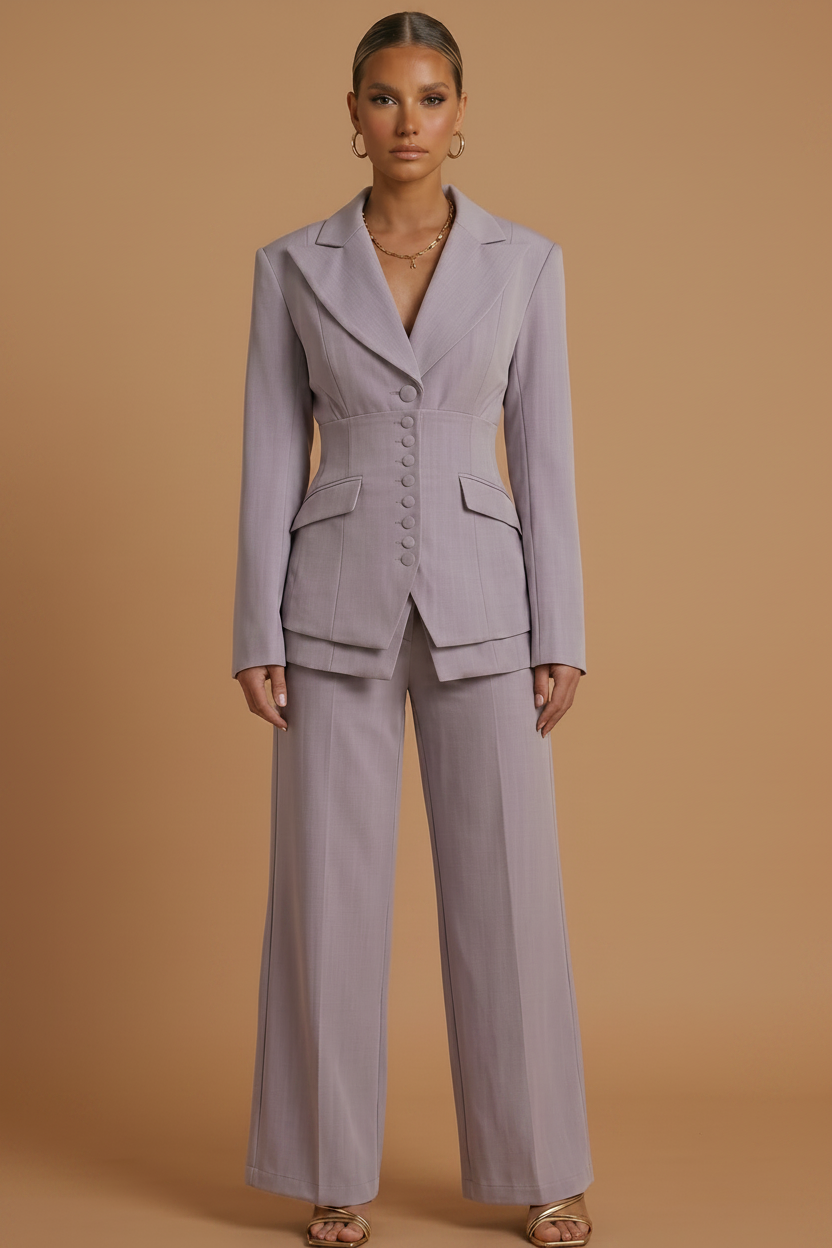 Dorvelli | Women's Tailored Two-Piece Suit – Peaked Lapel Wide-Leg Elegance