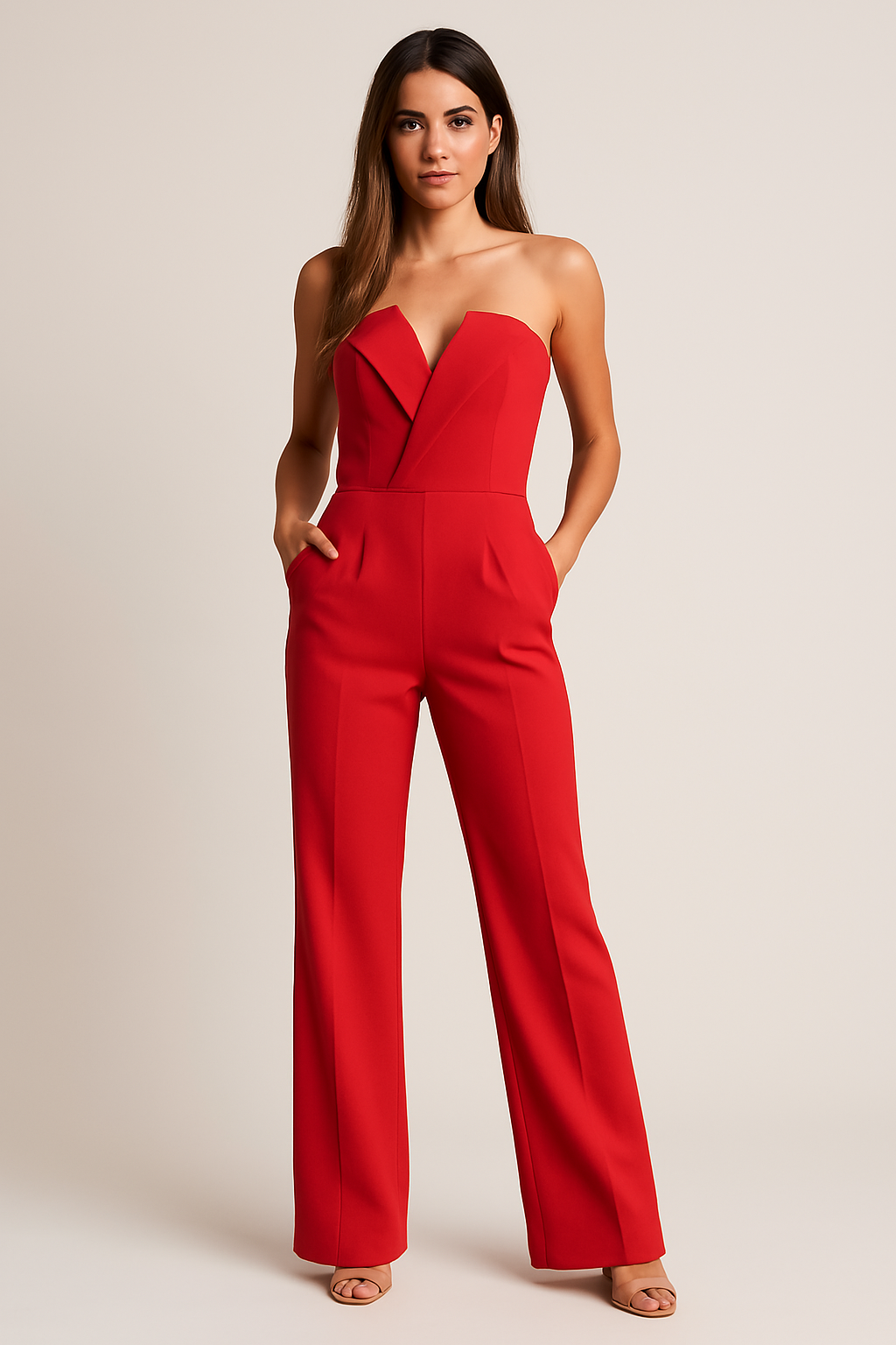 Dorvelli | Women's Wide-Leg Jumpsuit – Strapless V-Notch Tailored Elegance