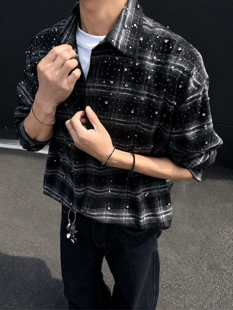 Dorvelli | Men’s Rhinestone Embellished Plaid Shirt