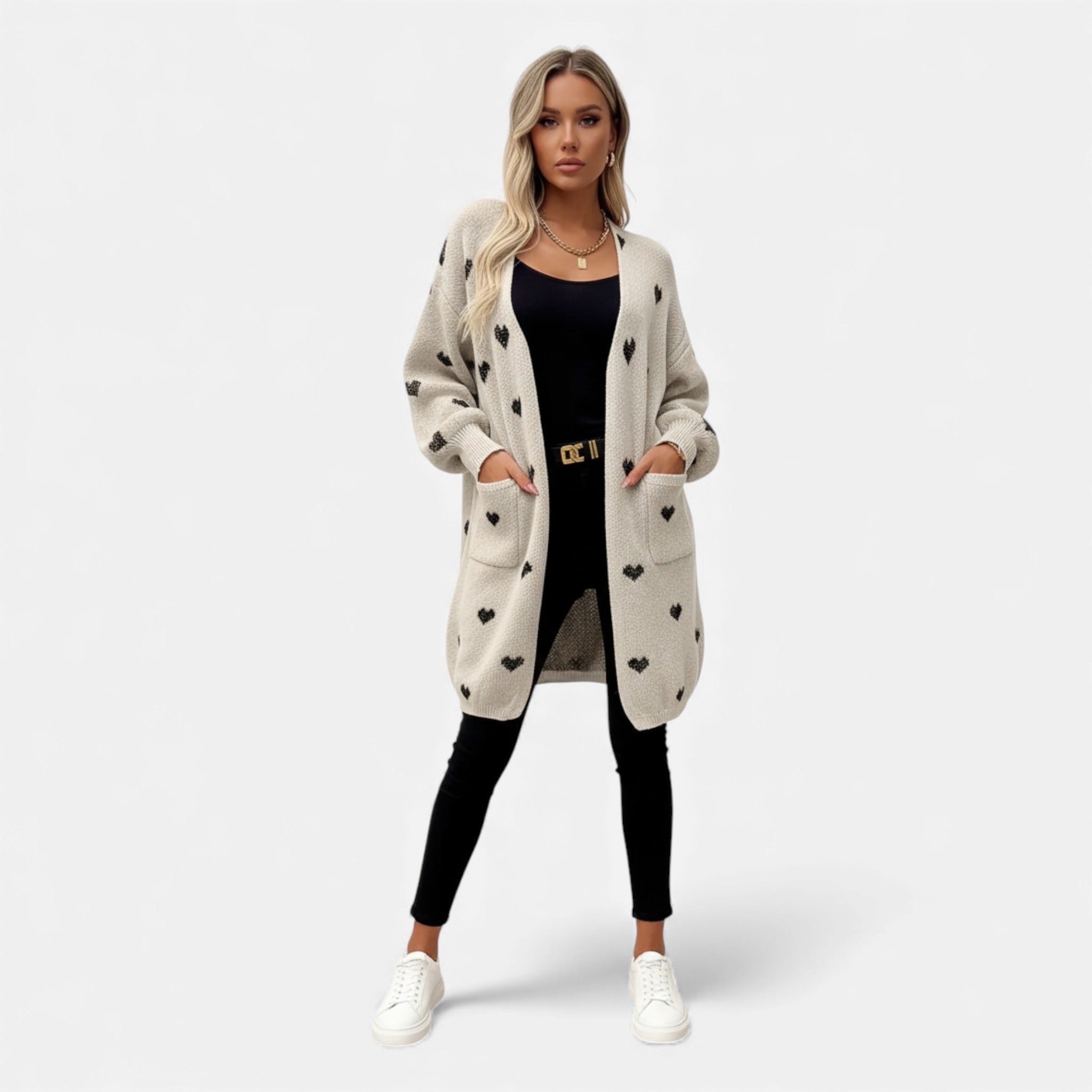 Dorvelli | Women’s V-Neck Knit Cardigan – Heart Pattern Elegance