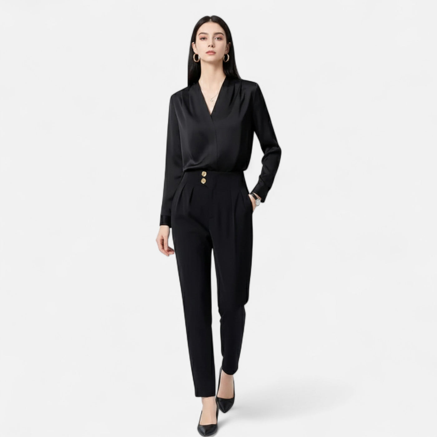 Dorvelli | Women’s Blouse – Satin V-Neck Long Sleeve